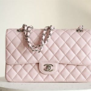 Classic Medium Double Flap Rose Clair Quilted Caviar silver hardware - CB040