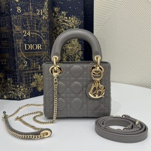 Mini Lady Dior Bag Grey Cannage Leather Gold Hardware - DB058