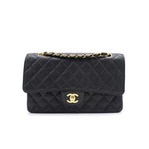 Quilted Caviar Leather Gold-Tone Black Classic Double Flap Bag - CB035