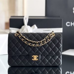 Quilted Caviar Leather Gold-Tone Black Classic Double Flap Bag - CB035