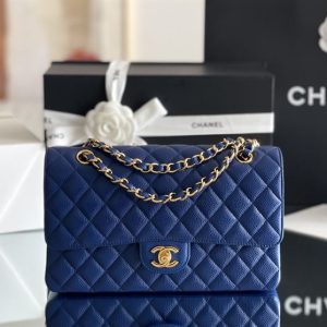 Quilted Caviar Leather Gold-Tone Dark Blue Classic Double Flap Bag - CB037
