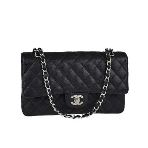 Quilted Caviar Leather Silver-tone Black Classic Double Flap Bag - CB036