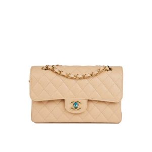 Small Classic Double Flap bag beige caviar leather - CB028