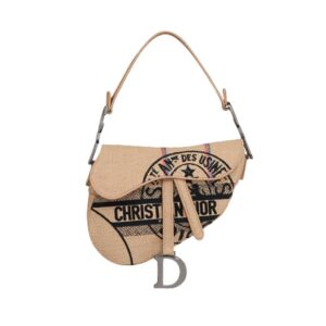 Saddle Bag Beige Jute Canvas Embroidered with Dior Union Motif - DB081
